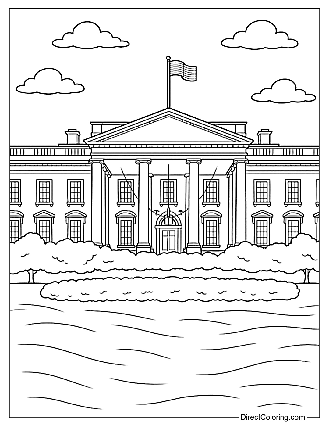 White House Coloring Page with white columns and front garden.